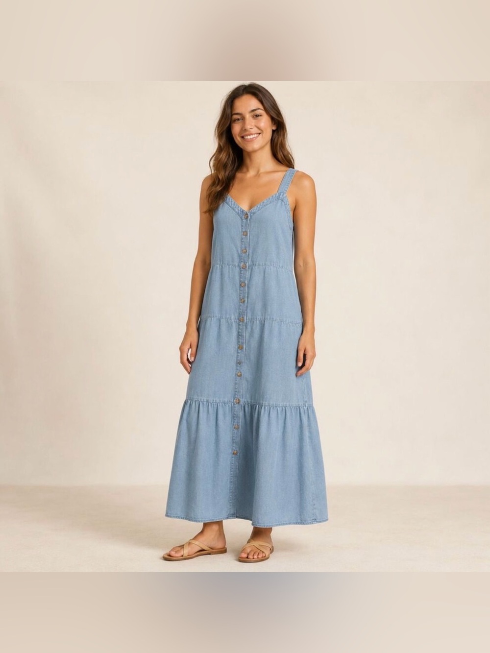 LOFT Light Blue Denim Chambray Button-Front Maxi Dress in Size 8P